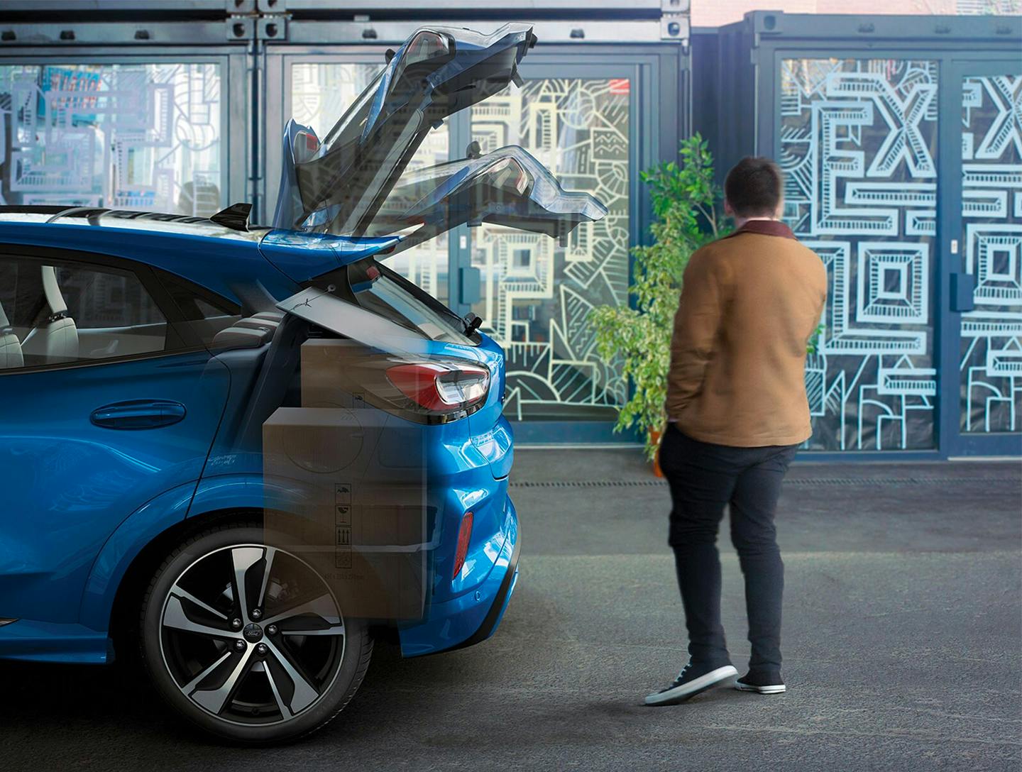 Ford Puma blau seitlich Kofferraum offen