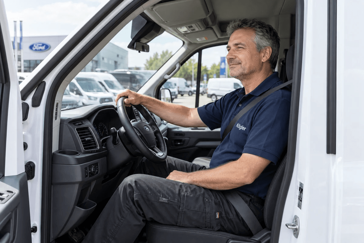 Auslieferungsfahrer sitzt angeschnallt am Steuer eines Ford Transit, fotografiert durch die geöffnete Fahrertür