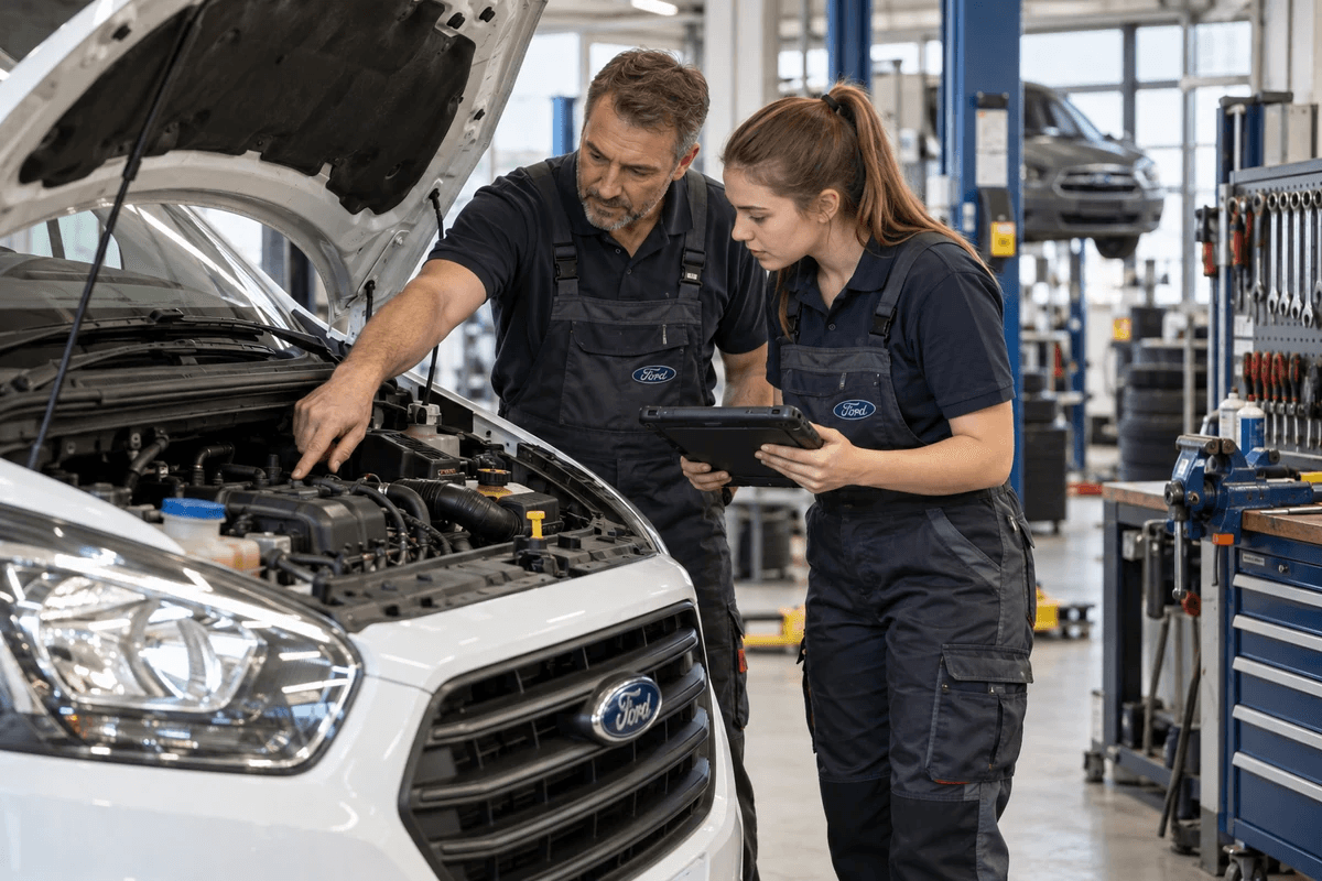 Ein Mechatroniker erklärt einer Auszubildenden mit Diagnose-Tablet ein Bauteil im geöffneten Motorraum eines Ford Transit